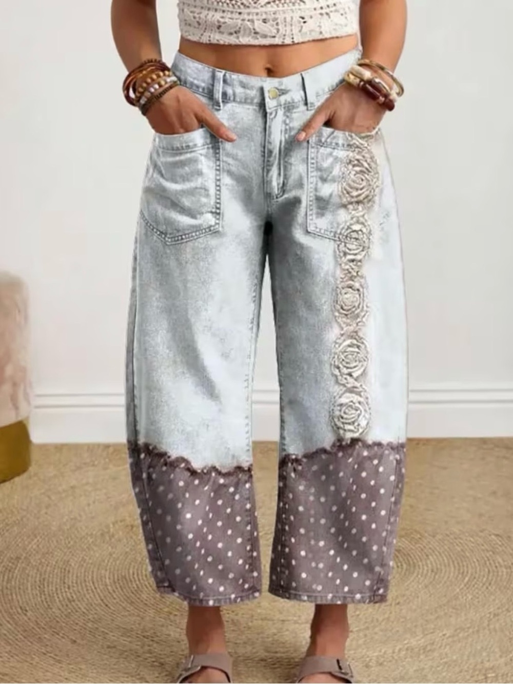 NEW ARRIVAL Boho Embroidered Patchwork Wide-Leg Jeans - Light Wash Gray